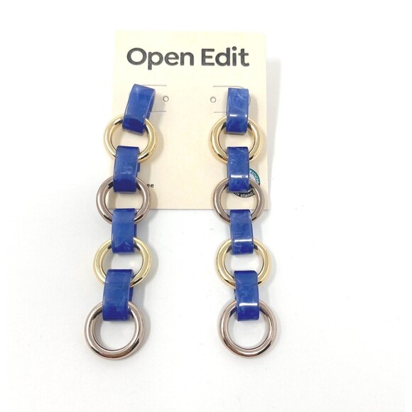 Open Edit Jewelry - Open Edit Blue Marbled Link Drop Earrings Goldtone Post Back Recycled Materials